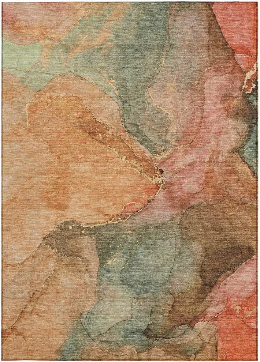 Coral Brown And Mint Green Abstract Washable Indoor Outdoor Area Rug Photo 1