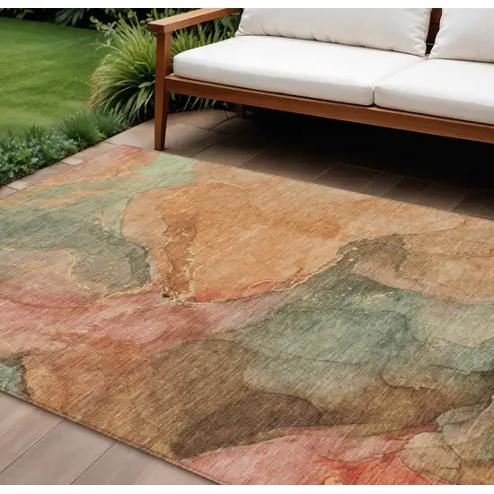 Coral Brown And Mint Green Abstract Washable Indoor Outdoor Area Rug Photo 2