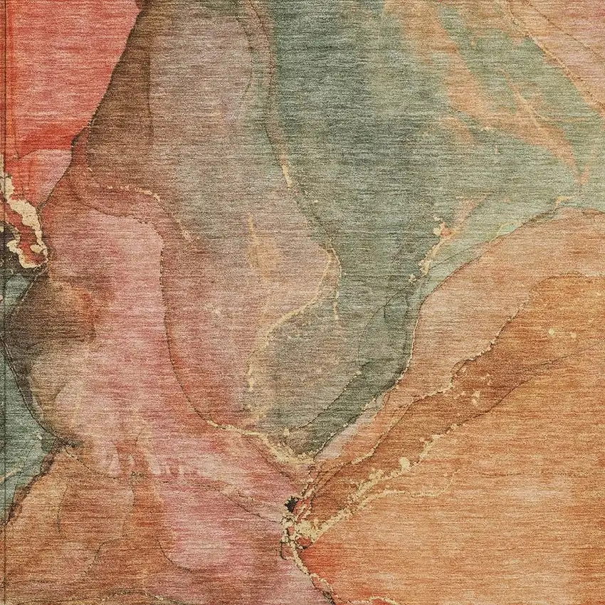 Coral Brown And Mint Green Abstract Washable Indoor Outdoor Area Rug Photo 3