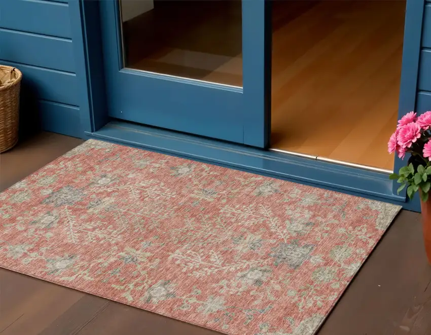 Coral Charcoal And Gray Floral Washable Indoor Outdoor Area Rug Photo 1