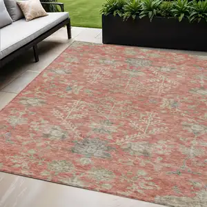 Photo of Coral Charcoal And Gray Floral Washable Indoor Outdoor Area Rug