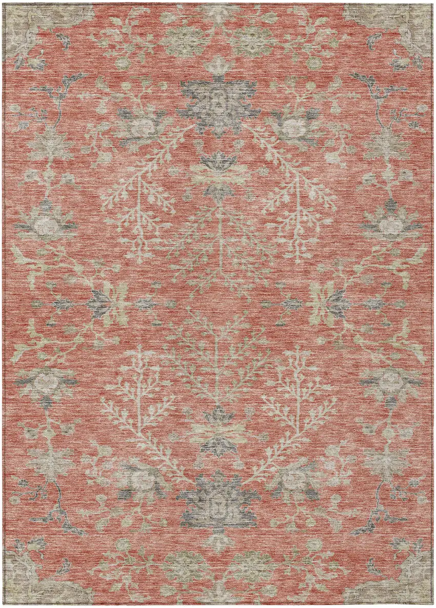 Coral Charcoal And Gray Floral Washable Indoor Outdoor Area Rug Photo 2