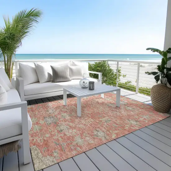 Coral Charcoal And Gray Floral Washable Indoor Outdoor Area Rug Photo 7