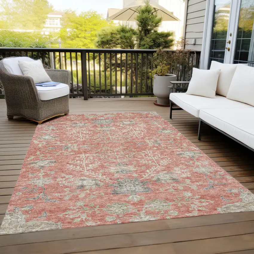 Coral Charcoal And Gray Floral Washable Indoor Outdoor Area Rug Photo 9