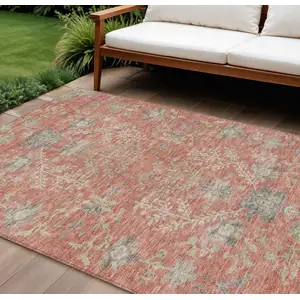 Photo of Coral Charcoal And Gray Floral Washable Indoor Outdoor Area Rug