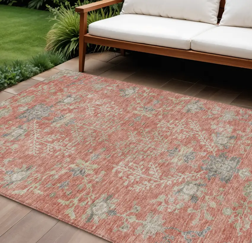 Coral Charcoal And Gray Floral Washable Indoor Outdoor Area Rug Photo 1