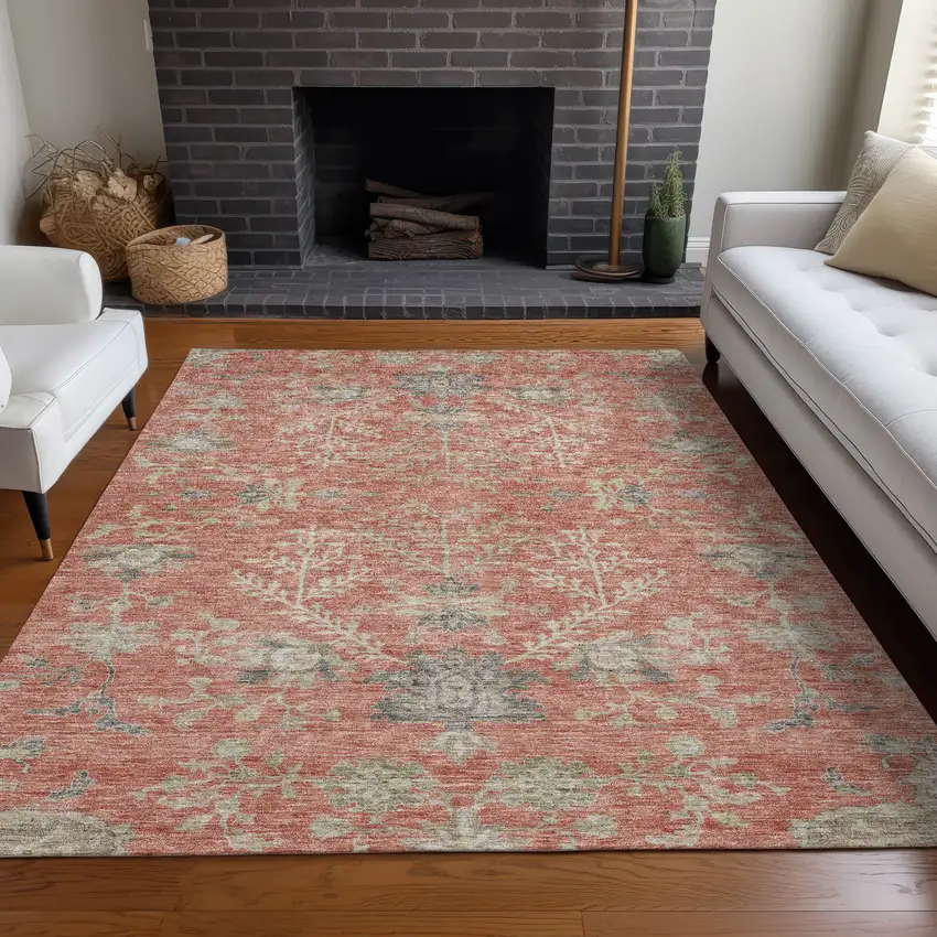 Coral Charcoal And Gray Floral Washable Indoor Outdoor Area Rug Photo 9