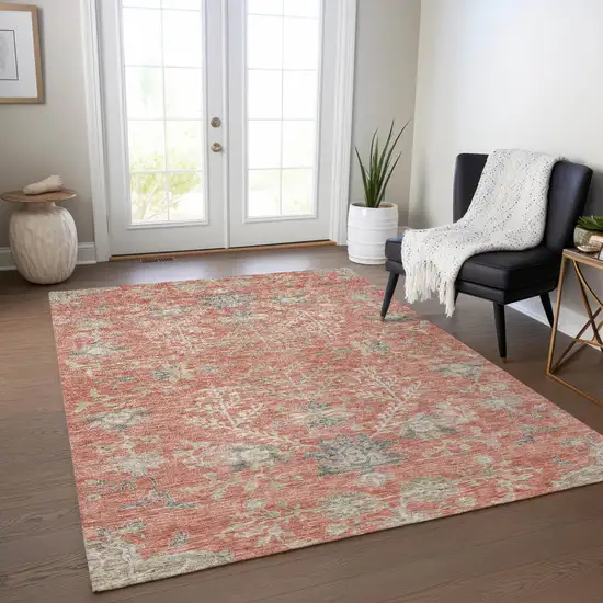 Coral Charcoal And Gray Floral Washable Indoor Outdoor Area Rug Photo 9