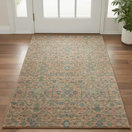 Coral Denim Blue And Green Oriental Washable Area Rug With UV Protection Photo 2