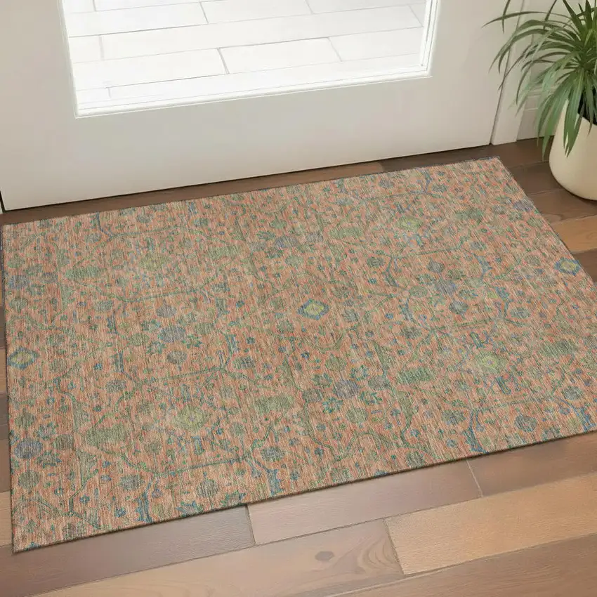 Coral Denim Blue And Green Oriental Washable Area Rug With UV Protection Photo 1