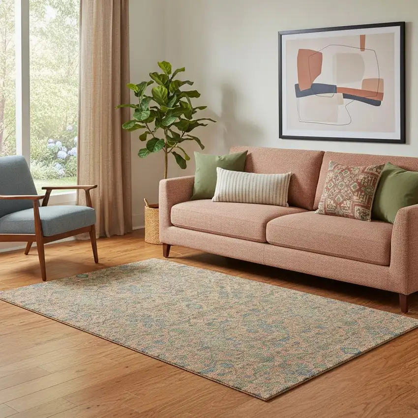 Coral Denim Blue And Green Oriental Washable Area Rug With UV Protection Photo 2