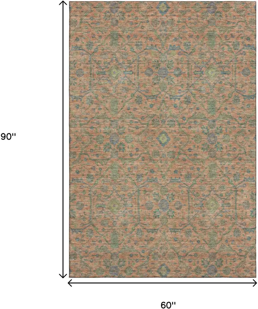 Coral Denim Blue And Green Oriental Washable Area Rug With UV Protection Photo 8