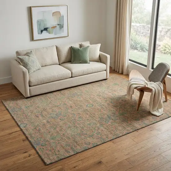 Coral Denim Blue And Green Oriental Washable Area Rug With UV Protection Photo 1