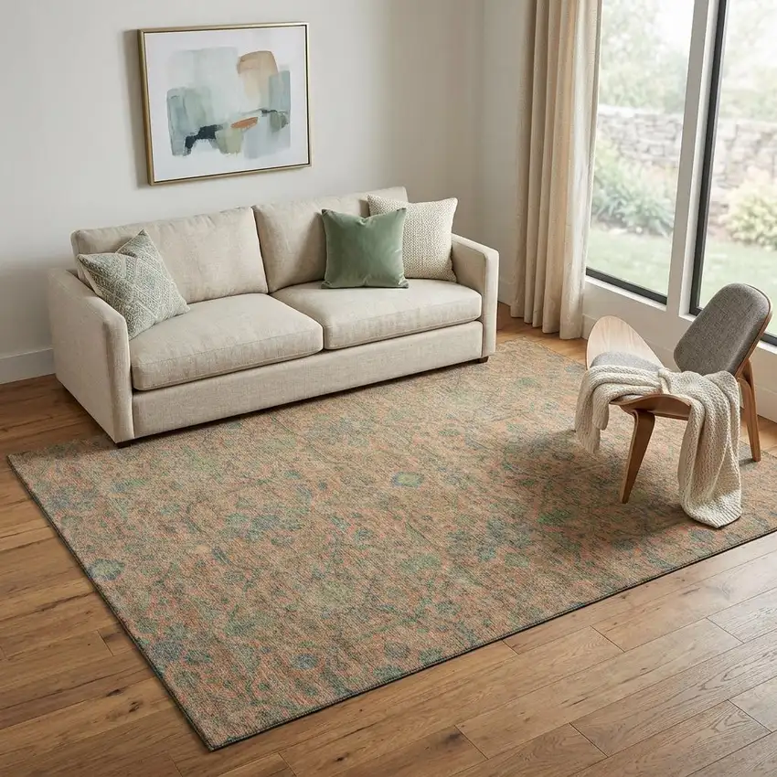 Coral Denim Blue And Green Oriental Washable Area Rug With UV Protection Photo 1