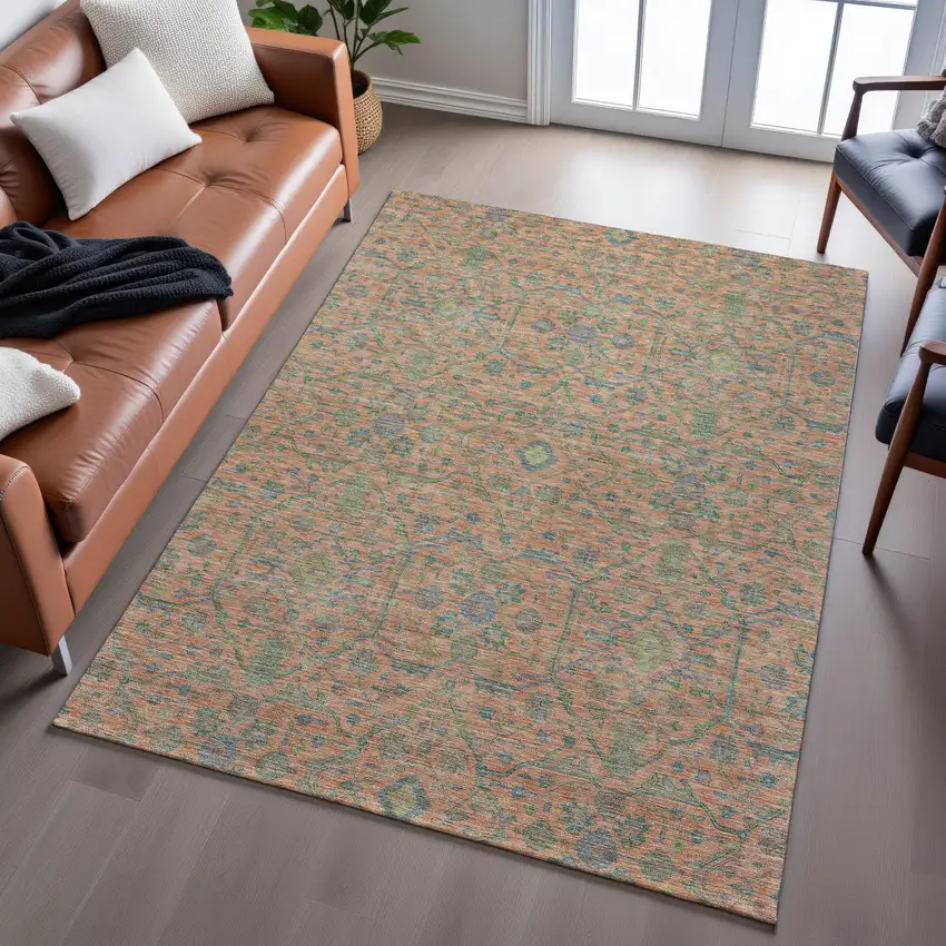 Coral Denim Blue And Green Oriental Washable Area Rug With UV Protection Photo 5