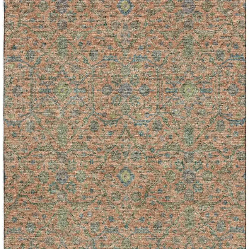 Coral Denim Blue And Green Oriental Washable Area Rug With UV Protection Photo 3