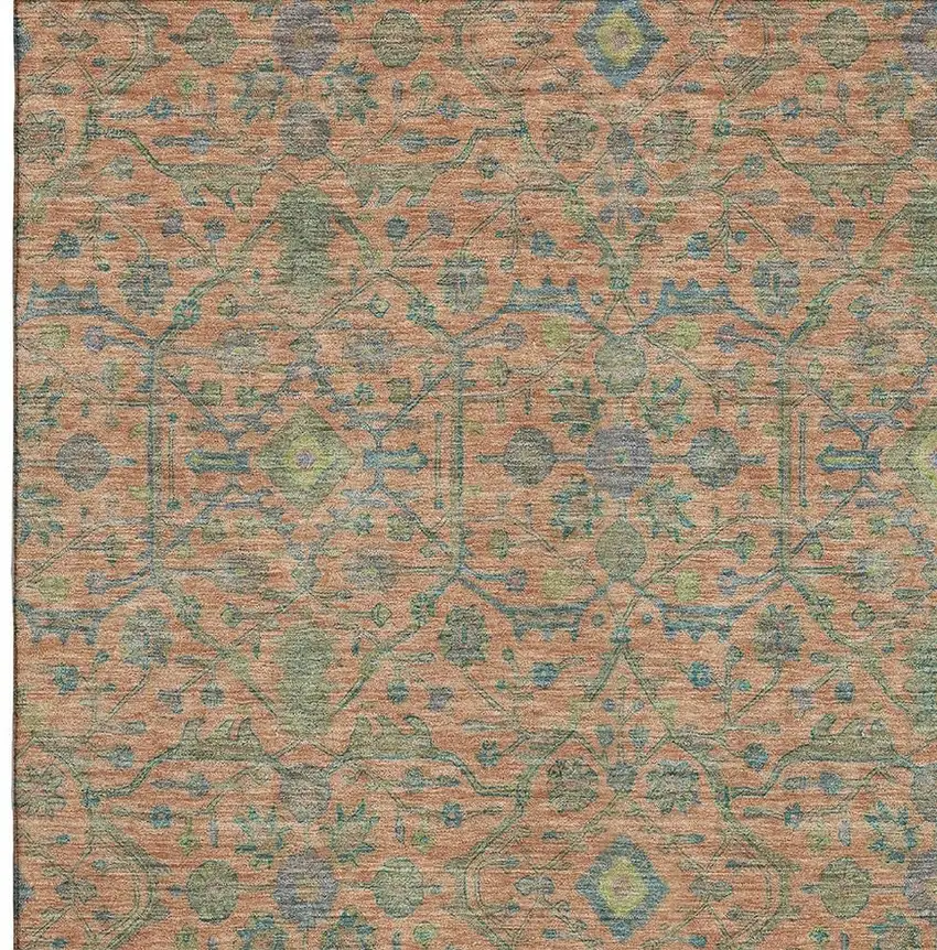 Coral Denim Blue And Green Oriental Washable Area Rug With UV Protection Photo 2