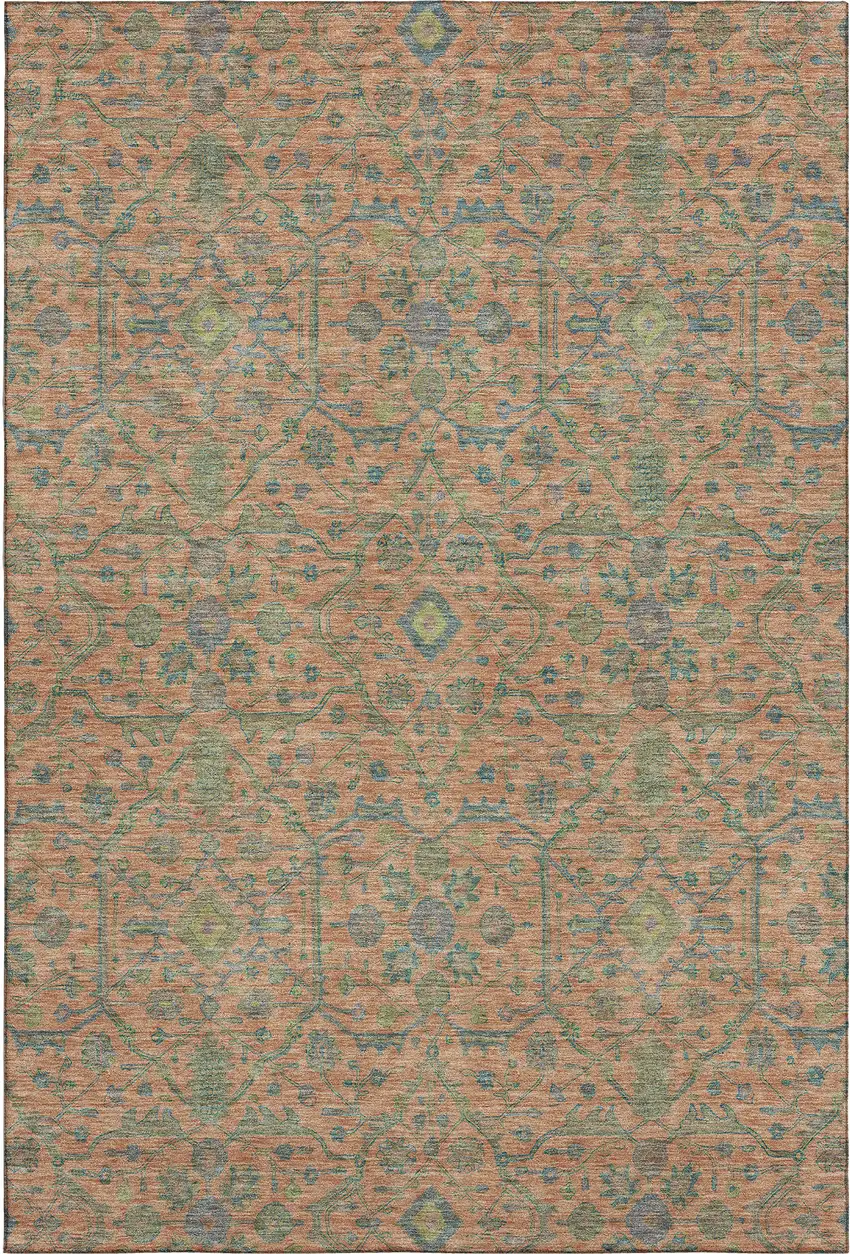 Coral Denim Blue And Green Oriental Washable Area Rug With UV Protection Photo 1