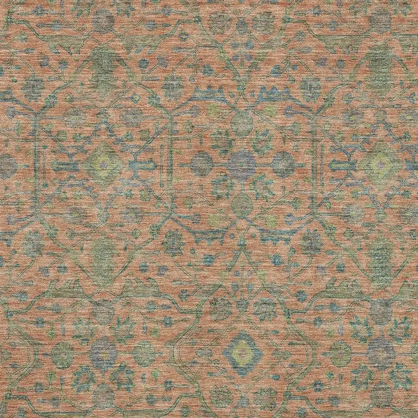 Coral Denim Blue And Green Oriental Washable Area Rug With UV Protection Photo 2