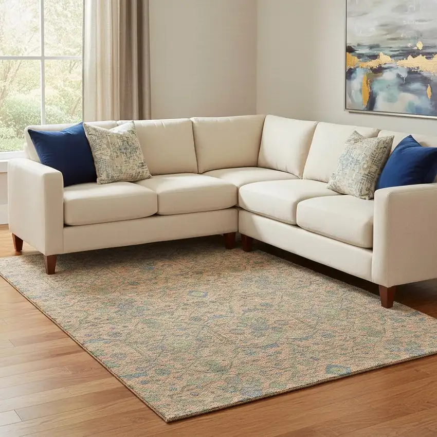 Coral Denim Blue And Green Oriental Washable Area Rug With UV Protection Photo 2