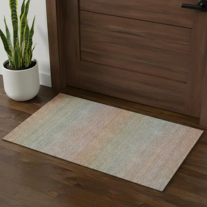 Coral Denim Blue And Salmon Striped Washable Area Rug With UV Protection Photo 1