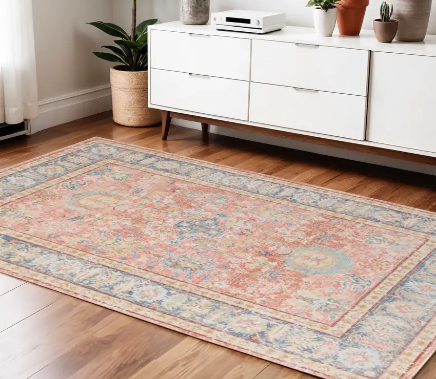 Blue Gold and Orange Floral Power Loom Area Rug Photo 1