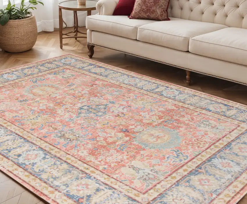 Blue Gold and Orange Floral Power Loom Area Rug Photo 1