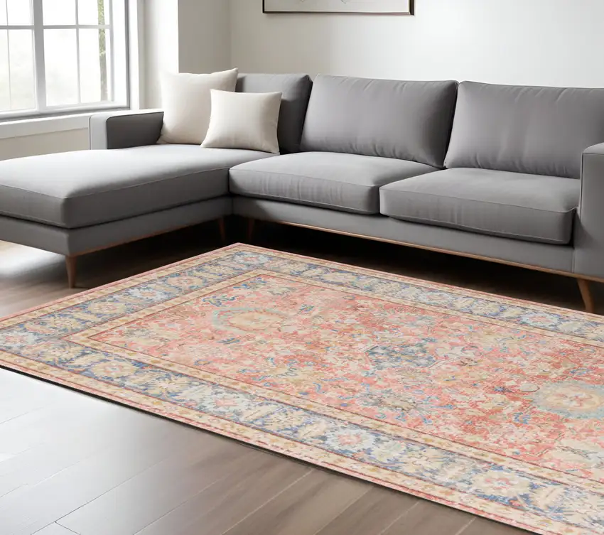 Blue Gold and Orange Floral Power Loom Area Rug Photo 1