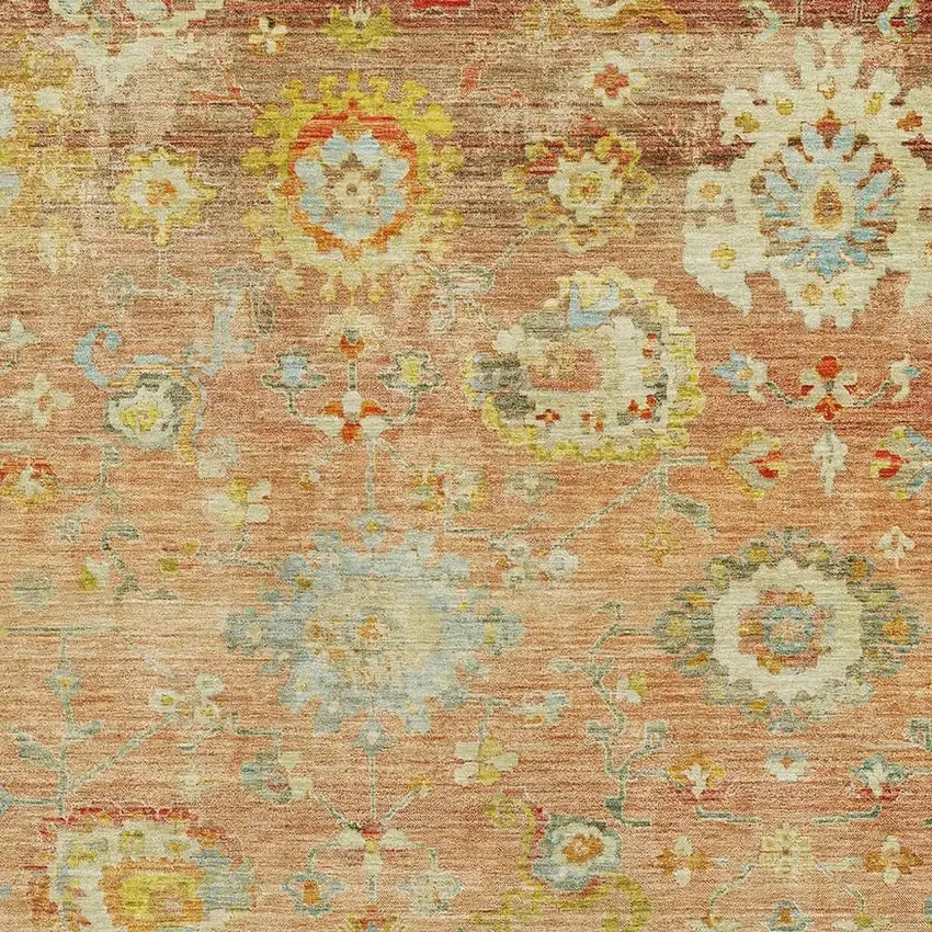 Coral Gold And Blue Floral Washable Area Rug With UV Protection Photo 2