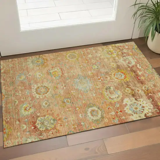 Coral Gold And Blue Floral Washable Area Rug With UV Protection Photo 1