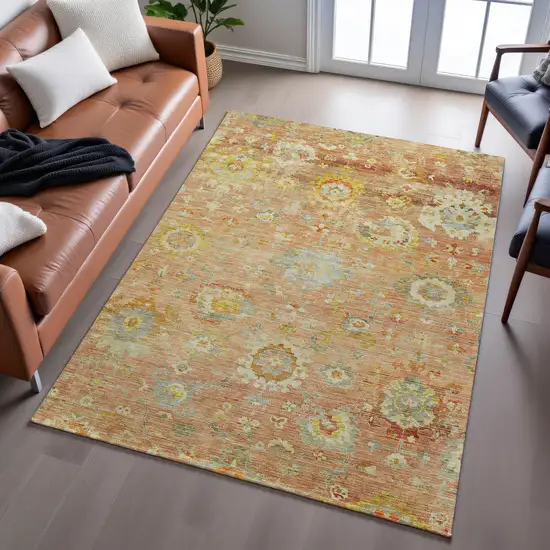 Coral Gold And Blue Floral Washable Area Rug With UV Protection Photo 5