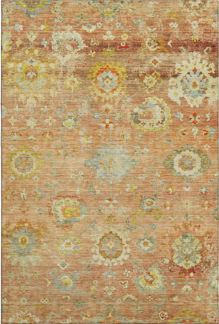 Coral Gold And Blue Floral Washable Area Rug With UV Protection Photo 1