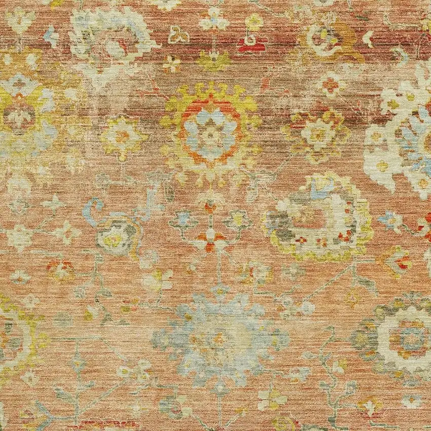 Coral Gold And Blue Floral Washable Area Rug With UV Protection Photo 2