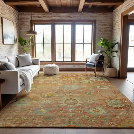 Coral Gold And Blue Floral Washable Area Rug With UV Protection Photo 4