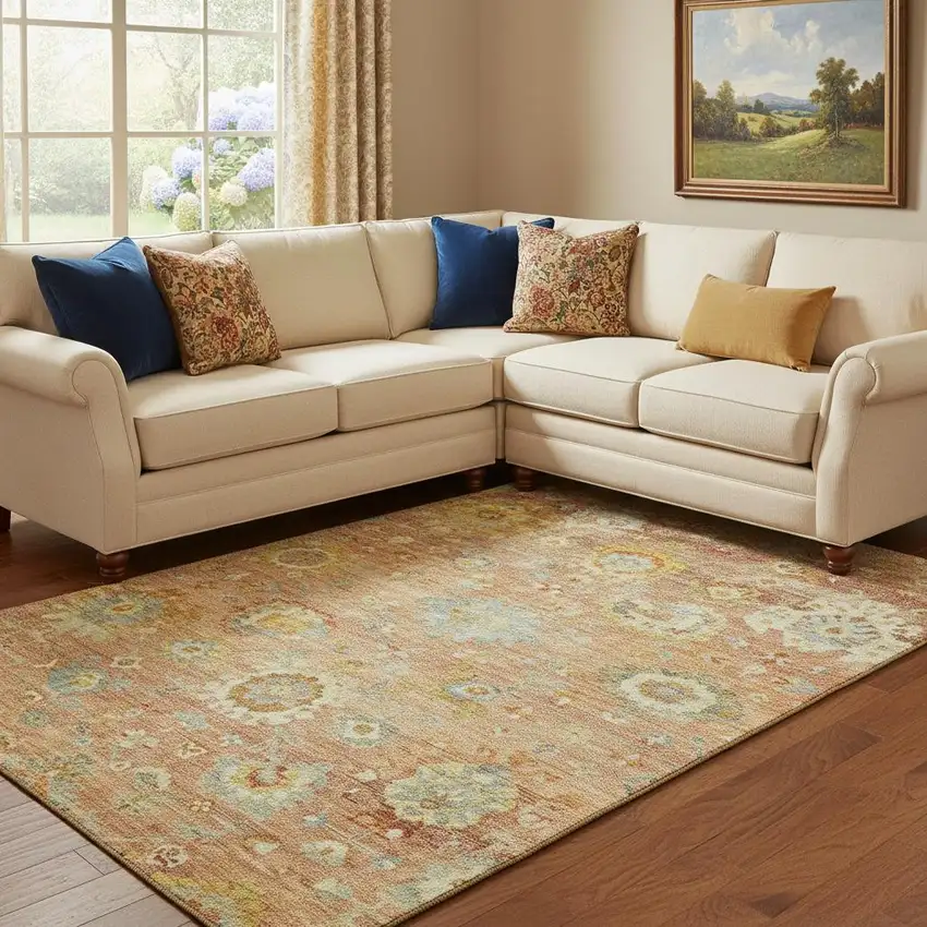 Coral Gold And Blue Floral Washable Area Rug With UV Protection Photo 2