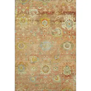 Photo of Coral Gold And Blue Floral Washable Area Rug With UV Protection