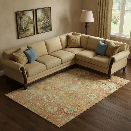 Coral Gold And Blue Floral Washable Area Rug With UV Protection Photo 2