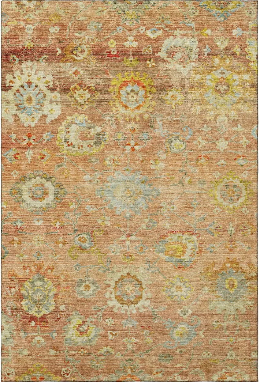 Coral Gold And Blue Floral Washable Area Rug With UV Protection Photo 3