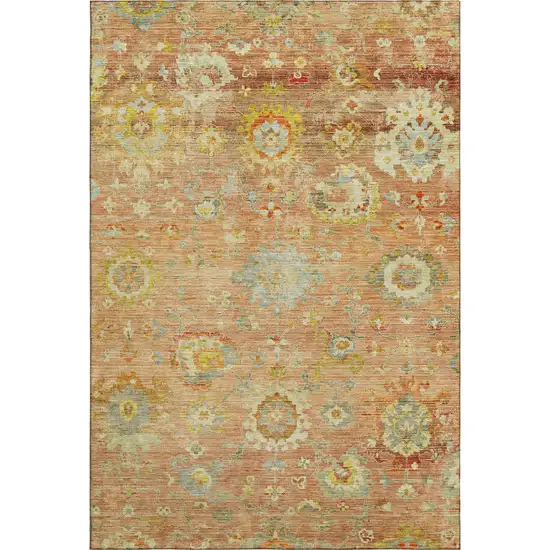 Coral Gold And Blue Floral Washable Area Rug With UV Protection Photo 1