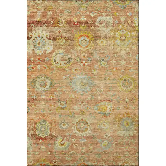 Coral Gold And Blue Floral Washable Area Rug With UV Protection Photo 3