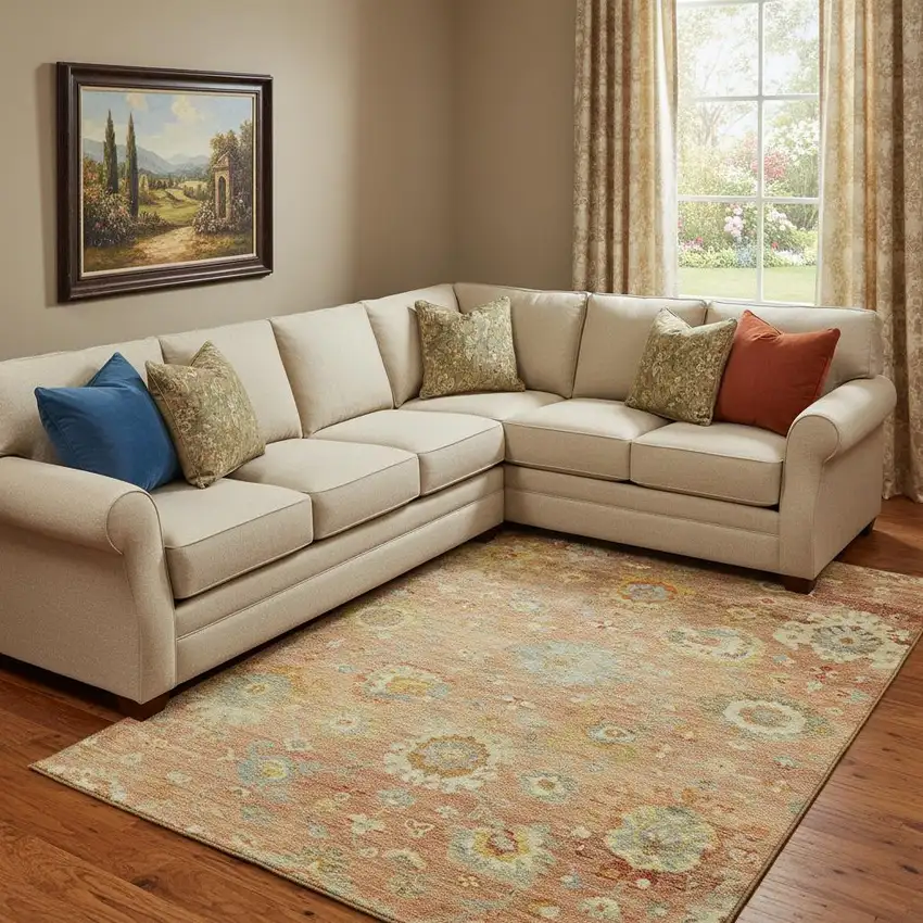 Coral Gold And Blue Floral Washable Area Rug With UV Protection Photo 2