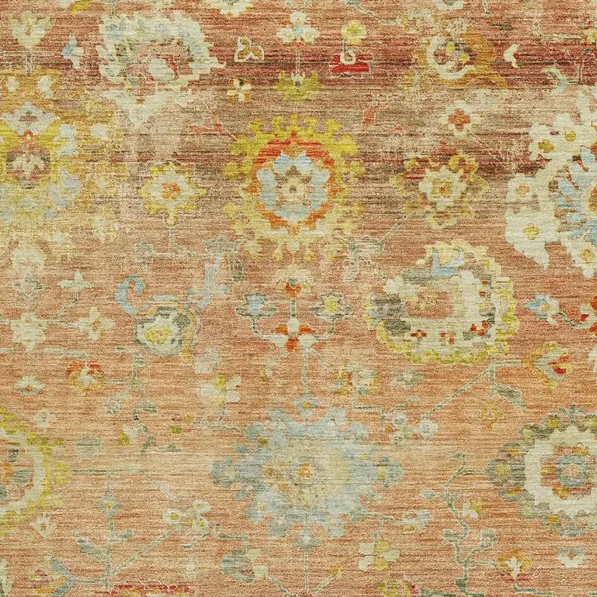 Coral Gold And Blue Floral Washable Area Rug With UV Protection Photo 2