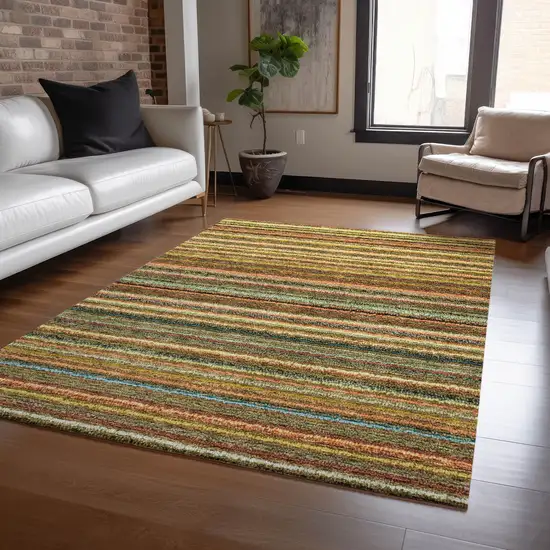 Coral Gold And Green Striped Washable Indoor Outdoor Area Rug Photo 8
