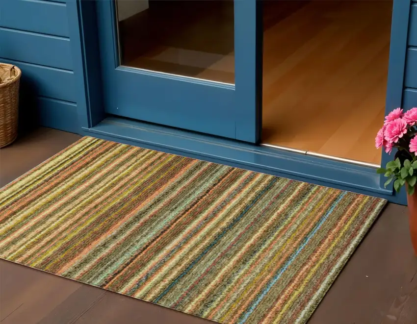 Coral Gold And Green Striped Washable Indoor Outdoor Area Rug Photo 1