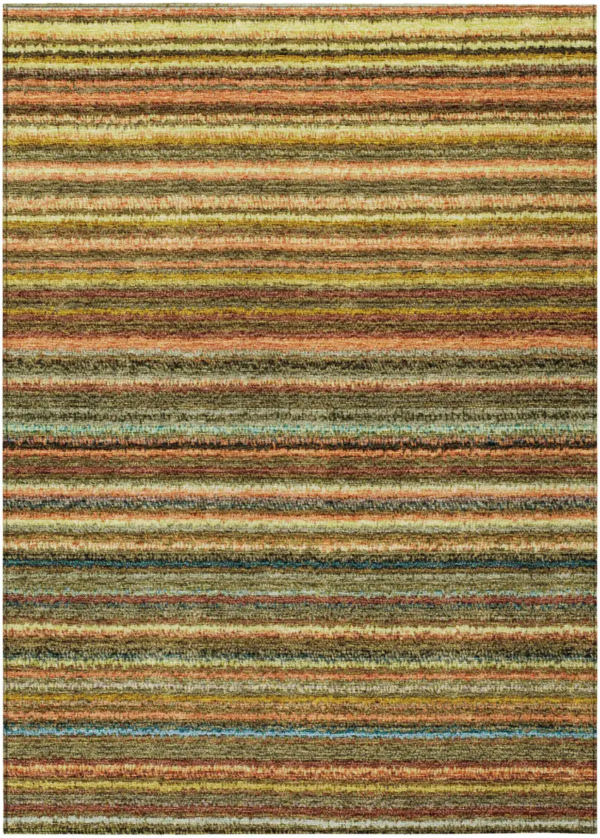 Coral Gold And Green Striped Washable Indoor Outdoor Area Rug Photo 2
