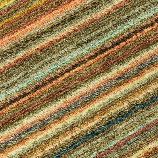 Coral Gold And Green Striped Washable Indoor Outdoor Area Rug Photo 7