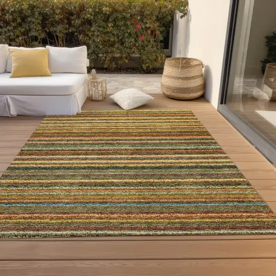 Coral Gold And Green Striped Washable Indoor Outdoor Area Rug Photo 9