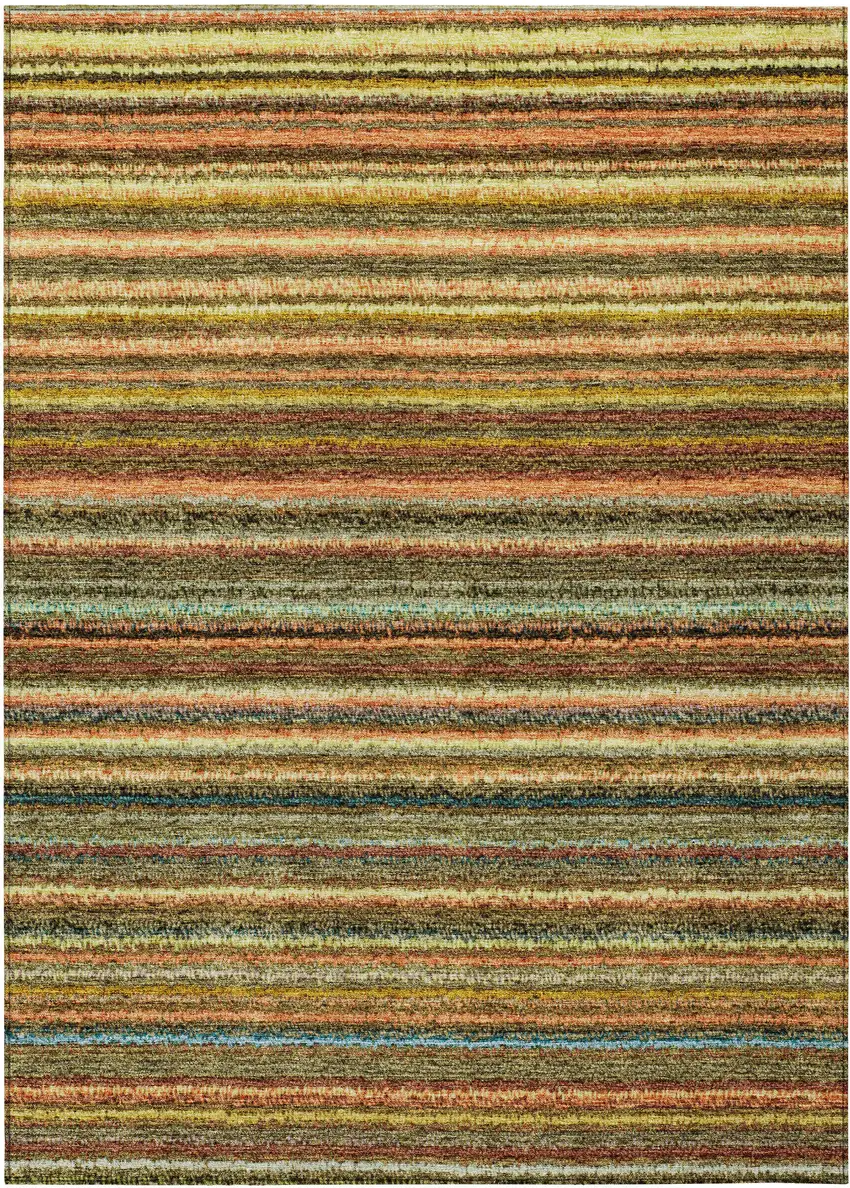 Coral Gold And Green Striped Washable Indoor Outdoor Area Rug Photo 2