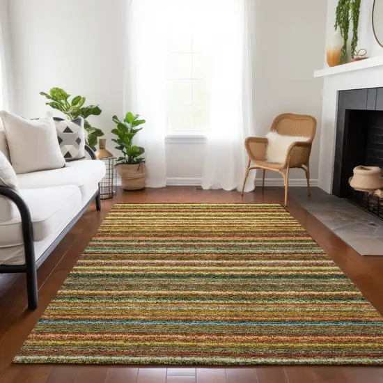 Coral Gold And Green Striped Washable Indoor Outdoor Area Rug Photo 9