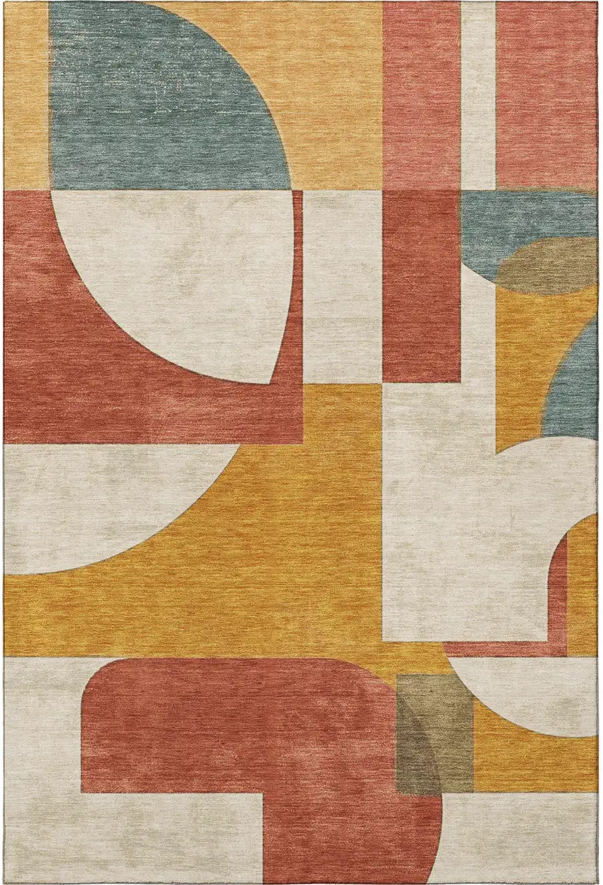 Coral Gold And Ivory Abstract Geometric Washable Area Rug With UV Protection Photo 3